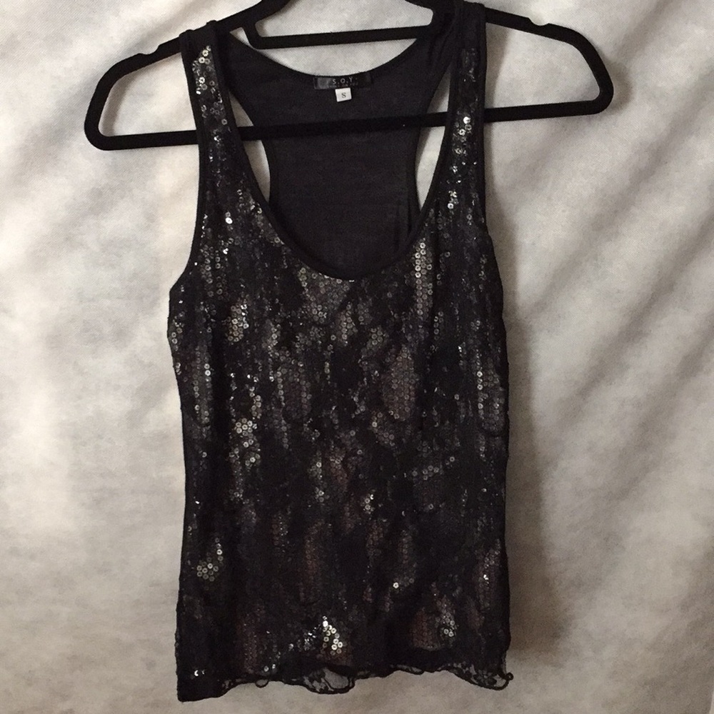 Black tank with sparkly sequence lace design